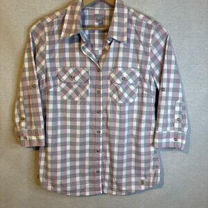 Carhartt Womens Button Down Shirt Medium 8/10 Pink Plaid Roll Tab Sleeves Rustic